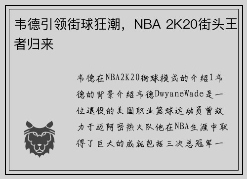 韦德引领街球狂潮，NBA 2K20街头王者归来